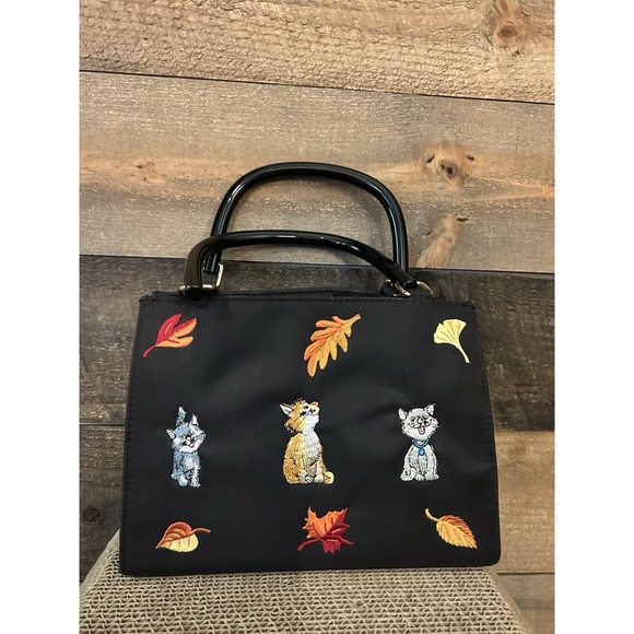 Kim Rogers Embroidered Fall Cat‎ Novelty Black Handbag Purse - Picture 1 of 7